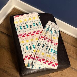 Primary White Pajama Pants with Pink Hearts, Teal Trees & Yellow Stars